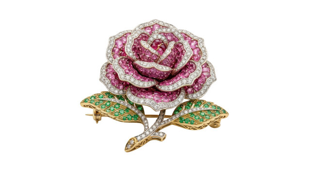 Rose brooch with gemstones isolated on white isolated on transparent background