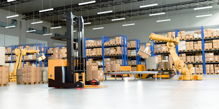 Warehouse Scene with High Shelves, Palletising Robots and Reach Fork Track. Robotic Palletising and Packaging Concept.. 3D illustration