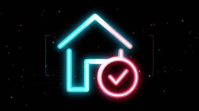 A Neon Glowing Smart Home House Icon With A Red Checkmark Verification Symbol, Representing Digital Residential Security Access Control And Modern Property Automation Technology