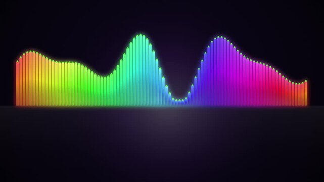 Abstract sound wave forms with vibrant color gradients moving dynamically on a dark background