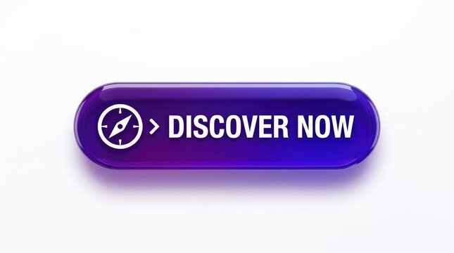 Glossy purple button with compass icon urging immediate discovery on plain background