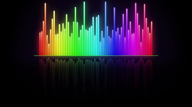 Animated sound equalizer bars with vibrant rainbow spectrum pulsing with audio waves in darkness