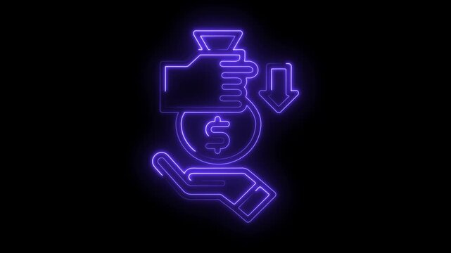 Neon style decrease income animation featuring hands and dollar currency on a black background