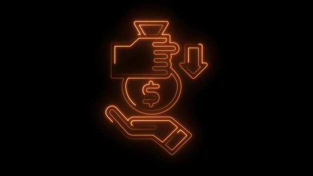 Neon style income reduction symbol glowing brightly on black background indicating business loss
