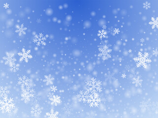 Fototapeta premium Fantasy heavy snow flakes illustration. Winter holidays design. Snowstorm dust frozen particles. Snowfall weather white blue background. Rime snowflakes february theme. Snow hurricane landscape.