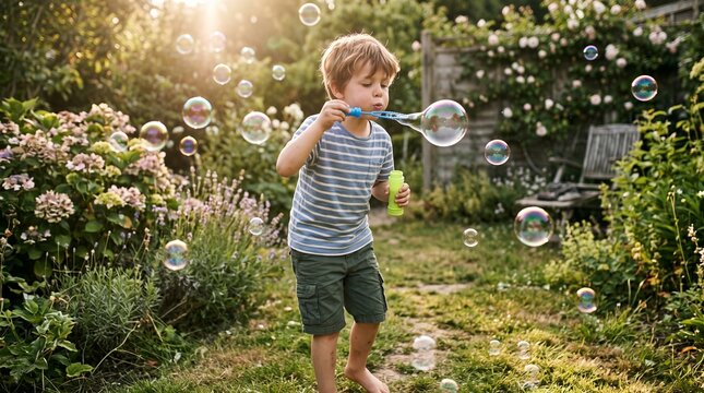Menino soltando bolhas de sab&atilde;o em jardim ensolarado, cena leve e aut&ecirc;ntica sobre inf&acirc;ncia, divers&atilde;o e liberdade para campanhas comerciais contempor&acirc;neas