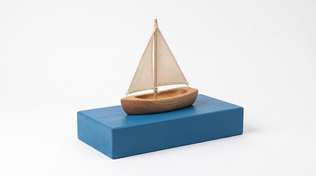 Realistic wooden toy boat on stylized water surface for physics and buoyancy concept on white background