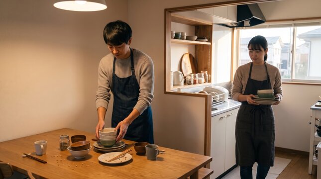 Japanese couple setting the dining table