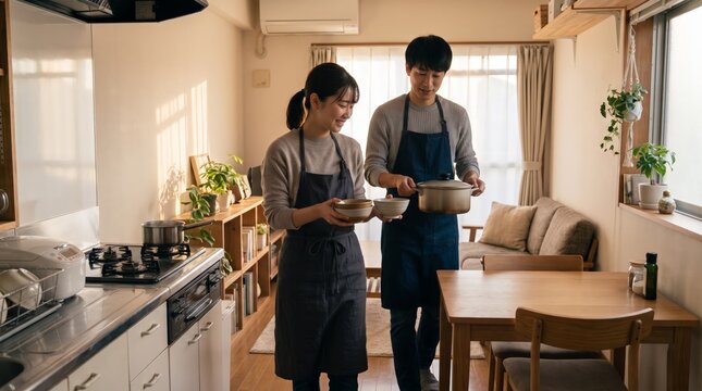 Japanese couple carrying pot to dining table