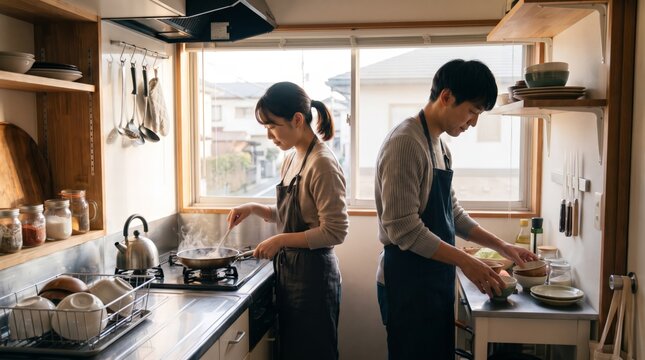 Japanese home cooks preparing food at opposite counters