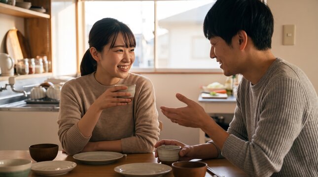 Laughing Japanese woman in conversation with partner