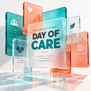 Glass blocks displaying day of care theme with icons and orange and teal light reflections