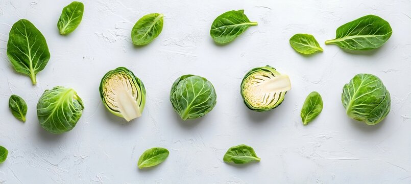 Fresh Halved Brussels Sprouts And Scattered Green Leaves Arranged Perfectly Isolated Top View
