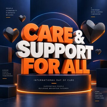 Bold orange white typography display on dark platform with hearts representing care and support