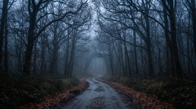 Winding dark road cutting through a spooky dense winter forest filled with bare spooky trees and heavy blue fog
