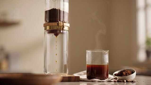 Drip coffee maker extracting fresh brew into glass carafe with steam rising on kitchen table with extracting liquid small sunlit kitchen setting