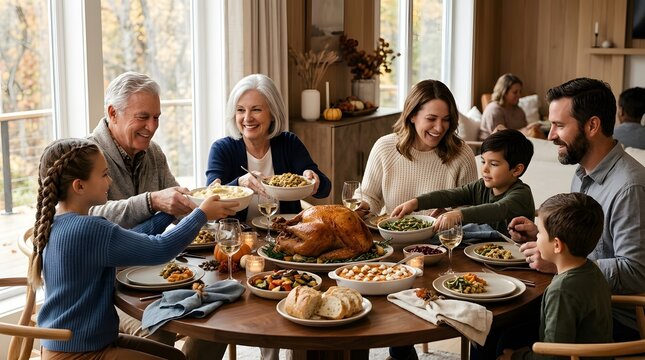Multi-generational family gathered around a wooden table for a thanksgiving dinner.