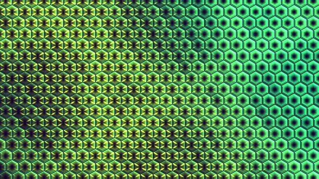 Abstract green hexagonal grid pattern with 3D beveled cells and gradient color transition from lime to teal