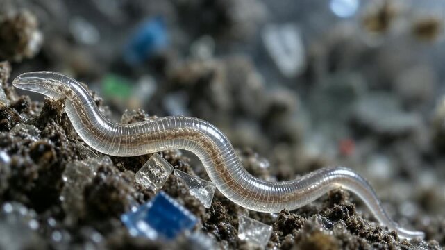 Translucent earthworm crawling on polluted soil containing microplastics