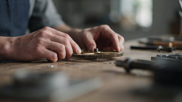 Closeup of a craftsman working with a metal gear