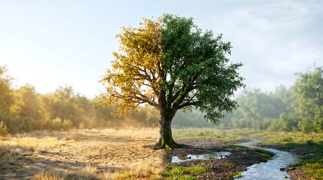 Single tree showing climate change dual contrast of dry season drought and wet season rainfall. Conceptual landscape of environmental transformation, weather transition, and nature balance.