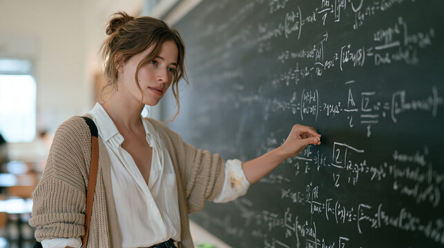 An Israeli physics student standing at a long chalkboard covered edge to edge in quantum mechanics equations, chalk dust on her sleeve, deeply focused expression as she checks a