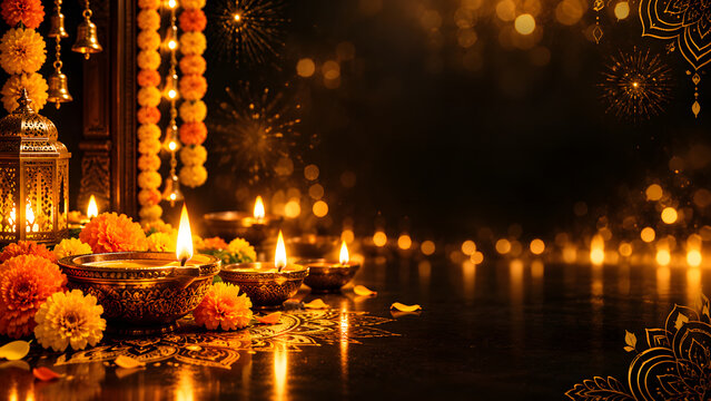 Traditional Indian Diwali Festival Celebration with Diyas, Flowers and Temple Decorations