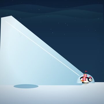 Cute Penguin Delivering a Christmas Gift to an Igloo