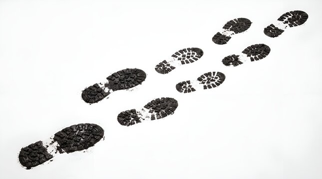 Fresh boot footprints in deep white snow, dark shoe tracks leading across winter landscape, walking path trail background for adventure concepts