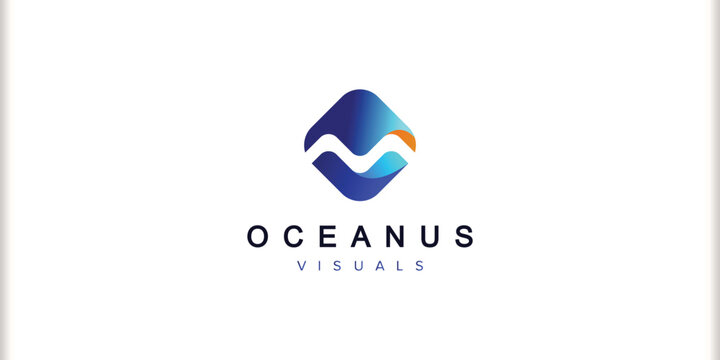 3D Ocean Wave Letter M Logo Vector Template featuring Blue Orange Gradient Sea Waves in Rhombus for Oceanus Visuals, Media Production, Marine, and Tech Brand.