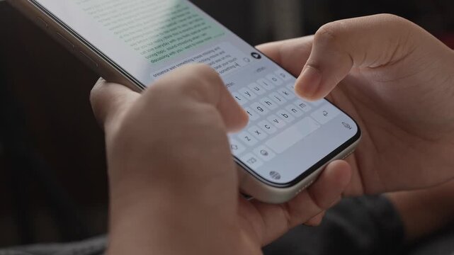 Woman's hand chatting and typing on a smartphone, macro closeup. Unrecognisable human typing a text message, tapping the touchscreen keyboard using the WhatsApp application, a social media.