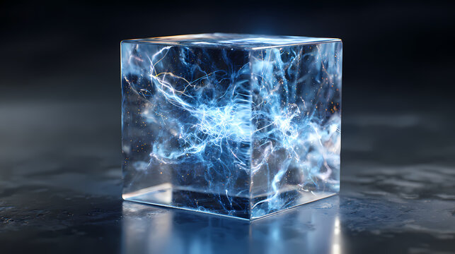 Electrical cube containing crackling blue lightning bolts flashing intensely inside a solid glass structure.