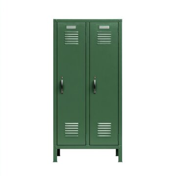 Green metal storage locker with double doors isolated on white