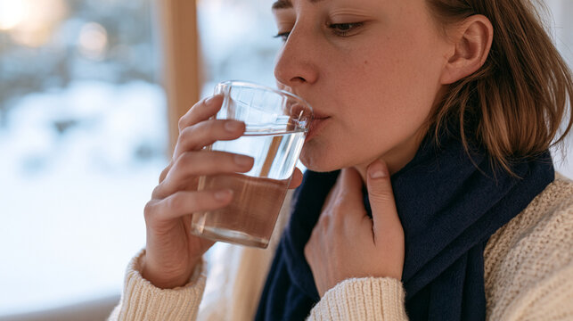 Woman Experiencing Sore Throat and Painful Swallowing While Drinking Water