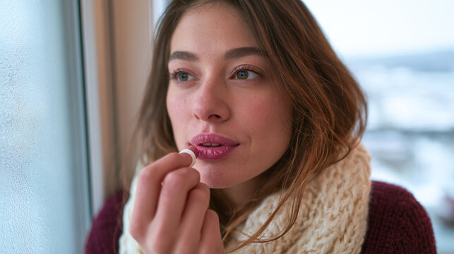 Woman Applying Lip Balm for Dry Chapped Lips near Window