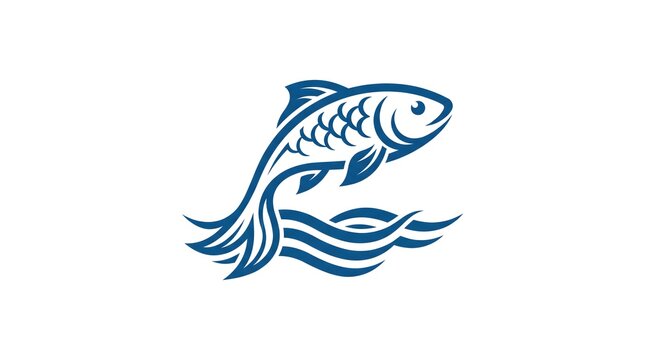 Stylized blue fish jumping out of water waves icon logo design isolated on white background