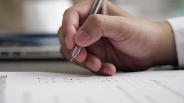 Close up of a medical doctor's hand holding a pen filling out a health insurance claim form or medical certificate after patient check-up. A concept for healthcare annual checkup and clinic paperwork