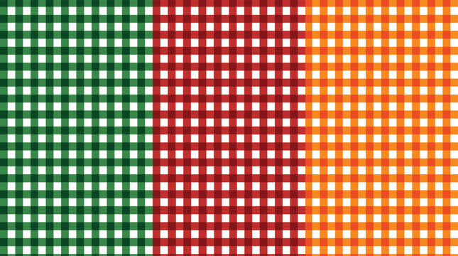 Gingham pattern set in green red and orange, checkered tablecloth texture vector, rustic picnic plaid fabric background for kitchen and food branding