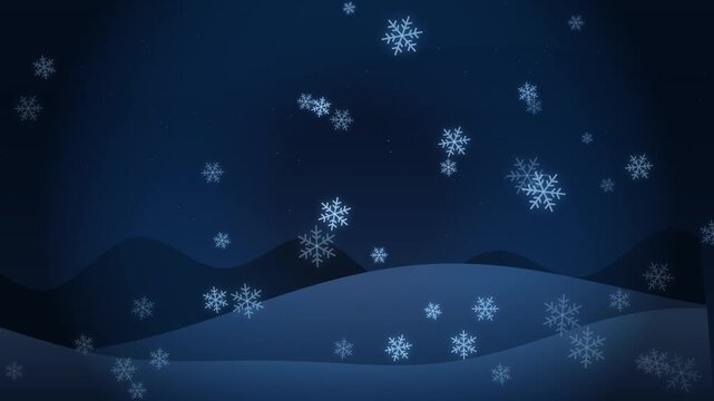 Animated winter night background, with falling snowflakes, and stylized hills, christmas holiday motion loop