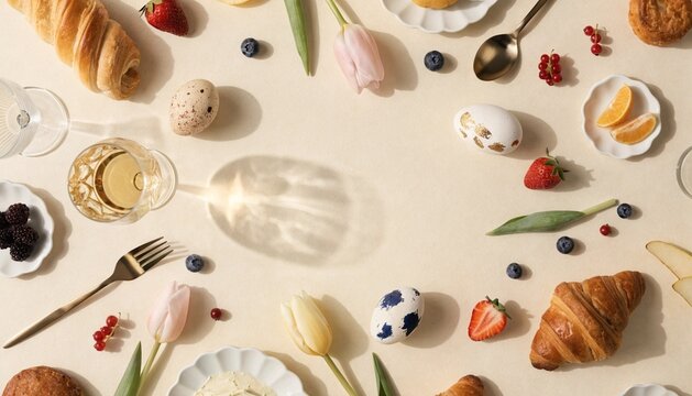 Easter brunch flat lay photographed from above, beautifully styled pastries, croissants, decorated eggs, fresh berries, tulips