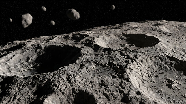 A view of the astroid belt showing rocky surface craters and floating space debris in the universe