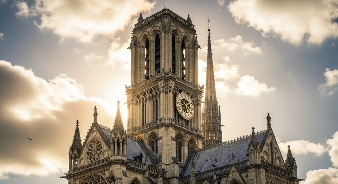 Gothic cathedral spires against dramatic sunlight and clouds.