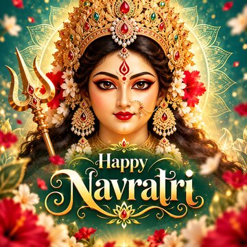 Happy Navratri Festival Poster with Goddess Durga Face and Traditional Decor