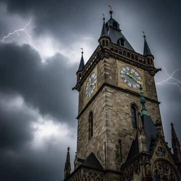 Gothic clock tower under stormy sky with lightning bolts.