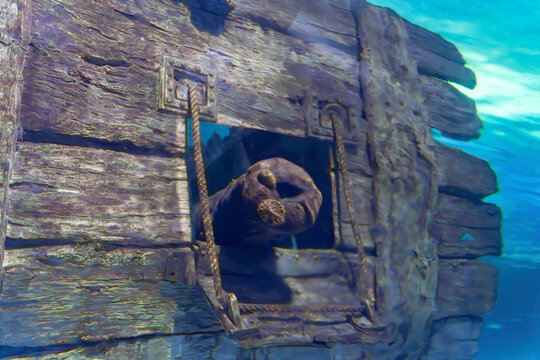Sunken Shipwreck Wooden Hull with Porthole Window Underwater