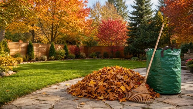 Autumn garden scene with large pile of raked orange and yellow leaves on a stone patio next to a green collection bag.