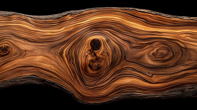 Stunning wood slab with intricate grain patterns and knots, isolated on black background.