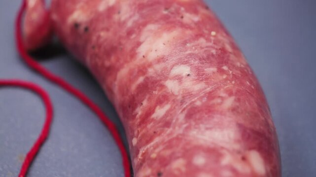 Close-up of raw pork sausage tied with red string on gray background. Fresh homemade sausage, meat ingredient for cooking and grilling.