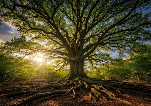 Grand old tree with massive roots at misty sunrise.