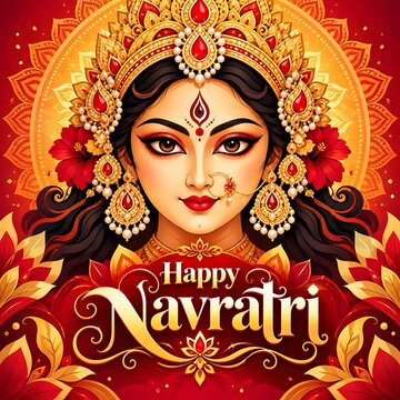 Happy Navratri Festival Poster with Goddess Durga Face and Traditional Decor